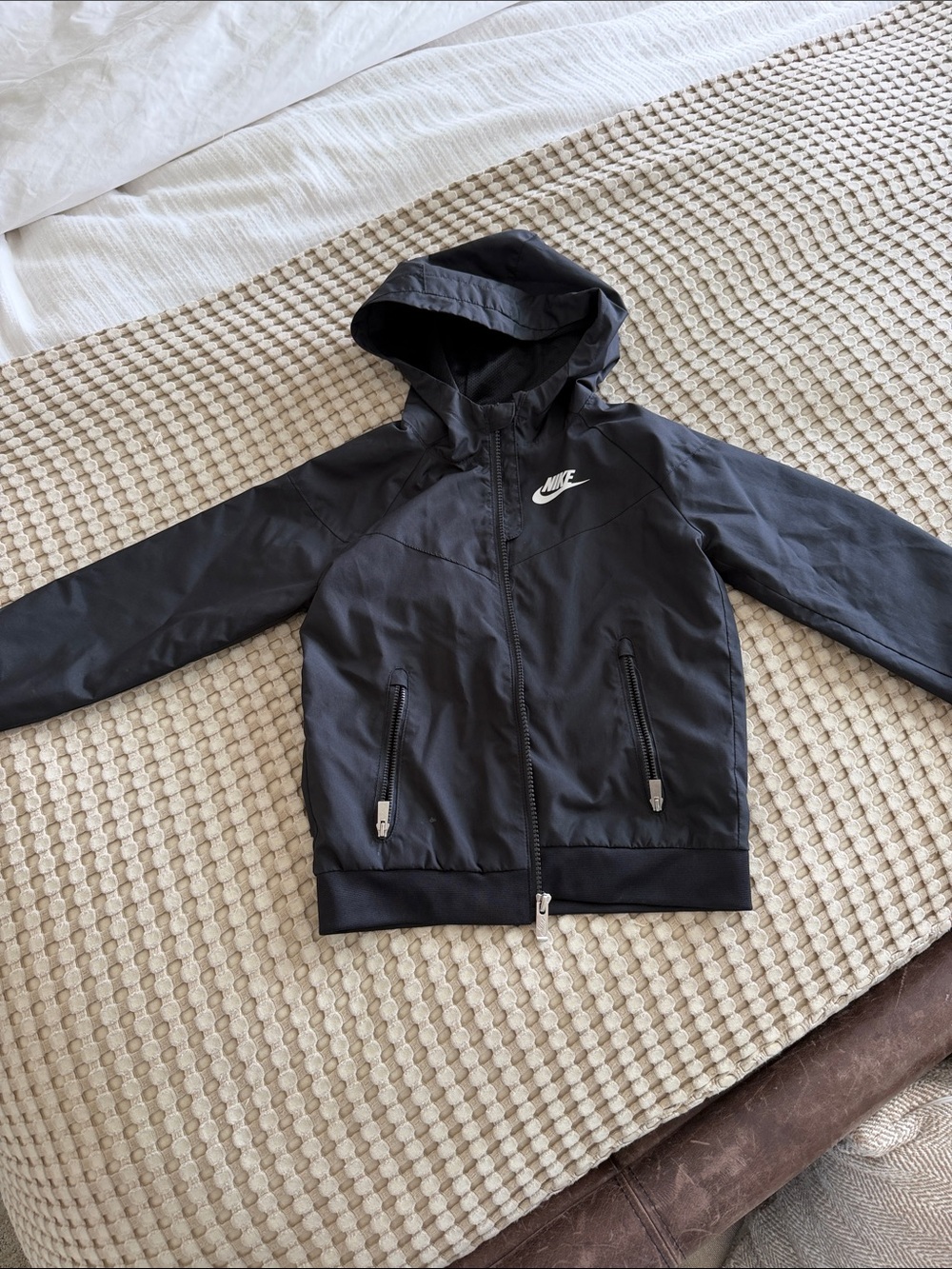 Nike Black Hooded Rain Jacket for Kids with White Logo